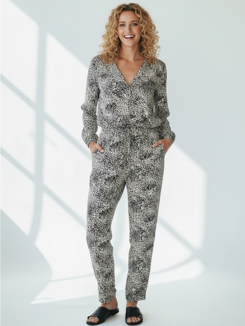 Only Pippa jumpsuit lightweight gold hardware animal print black white NWT